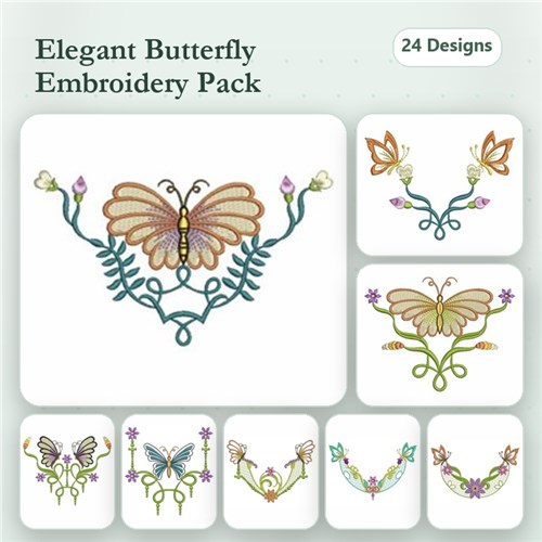 Elegant Butterflies & Floral Embroidery Designs Bundle – Elegant Butterfly with Flowers, Ornate Butterfly with Vines & More (24 Designs)