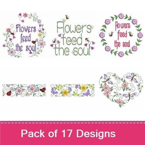 Floral and Inspirational Quotes Embroidery Designs Bundle – Flowers Feed the Soul, Rose, Decorative Floral Arrangement & More (17 Designs)