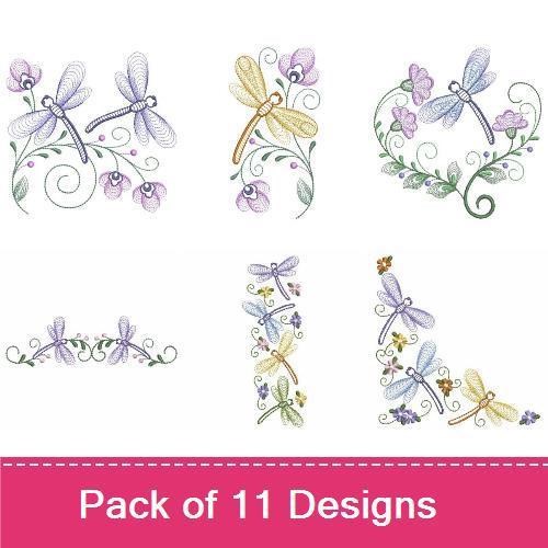 Rippled Delicate Dragonflies & Flowers Embroidery Designs Bundle – Dragonfly with Flowers, Floral Swirl with Dragonfly & More (11 Designs)