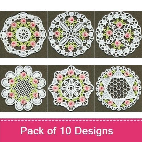 FSL Floral Lace Doilies Embroidery Designs Bundle – Floral Lace Doily with Roses, Vintage Lace Doily, & More (10 Designs)