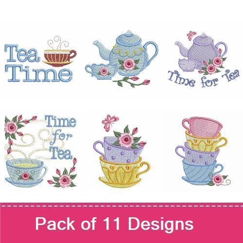 Tea Time Embroidery Designs Bundle – Tea Cup with Flowers, Teapot with Hearts, Tea Time Text & More (11 Designs)