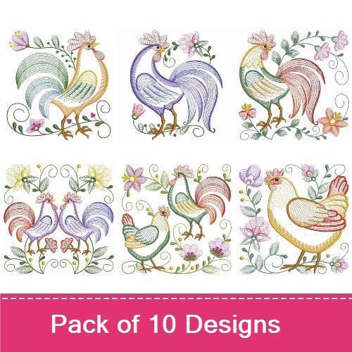Rippled Rooster & Hen Embroidery Bundle – Elegant Rooster, Chic Hen, Rooster in Garden & More (10 Designs)