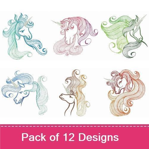 Rippled Elegant Unicorns Embroidery Designs Bundle – Unicorn with Pink Mane, Green Mane, Blue Mane & More (12 Designs)