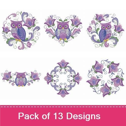 Purple Owl Embroidery Bundle – Floral Swirls, Ornate Owl Design, Owl with Flowers & More (13 Designs)