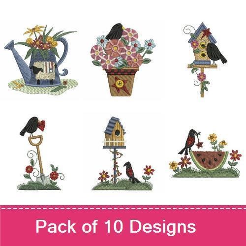Garden Birds Embroidery Designs Bundle – Birdhouse, Watering Can, Flower Pot & More (10 Designs)