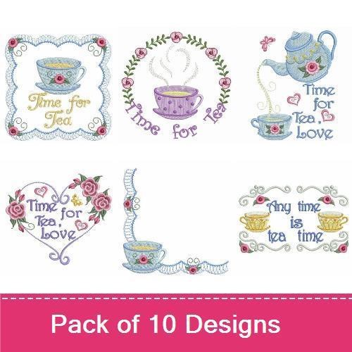 Tea-Themed Embroidery Bundle – Teapot with Flowers, Cup of Tea with Roses, Time for Tea Heart & More (10 Designs)
