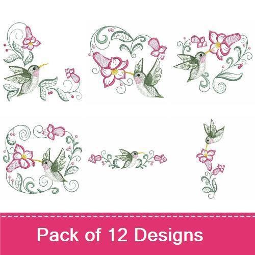 Rippled Hummingbird and Floral Embroidery Designs Bundle – Hummingbird with Flowers, Floral Swirl, & More (12 Designs)