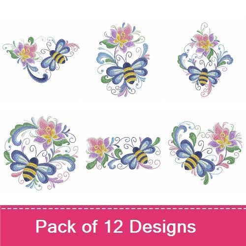Floral and Bee Embroidery Designs Bundle – Bee with Floral Swirl, Floral Arrangement with Bee & More (12 Designs)
