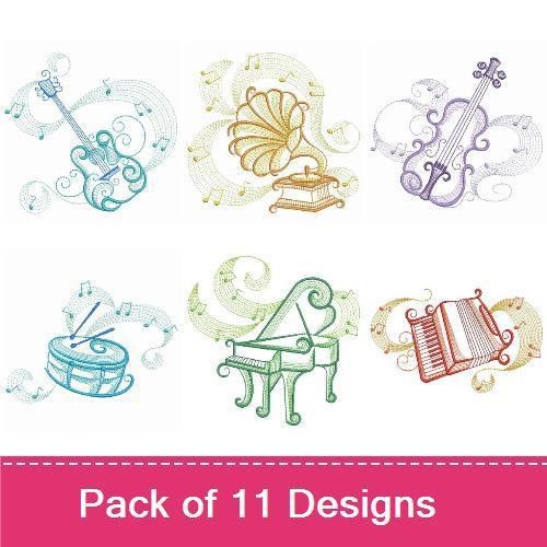 Rippled Musical Instruments Embroidery Designs Bundle – Harp, Trumpet, Violin, Saxophone & More (11 Designs)