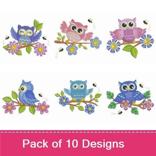 Colorful Owls Embroidery Designs Bundle – Pink Owl on Branch, Blue Owl on Branch, Owl with Flowers & More (10 Designs)