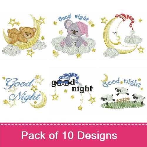 Good Night Theme Embroidery Designs Bundle – Sleepy Bear on Moon, Owl in Pajamas, Fox with Bedtime Book & More (10 Designs)