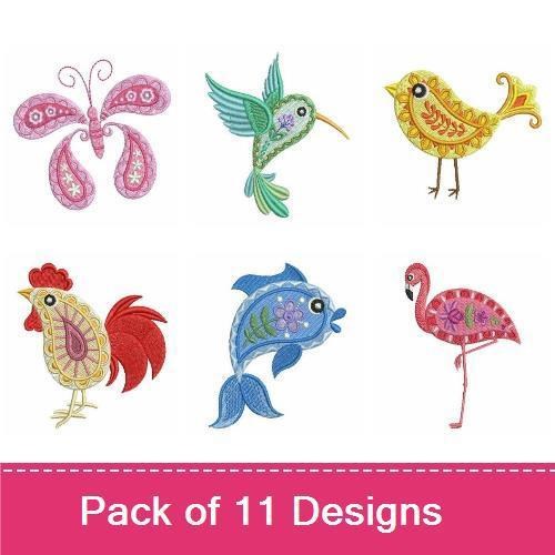 Whimsical Animals Embroidery Designs Bundle – Hummingbird, Butterfly, Rooster, Cat & More (11 Designs)