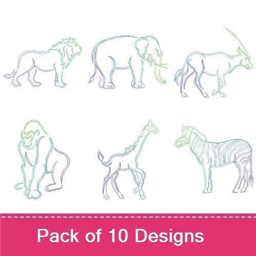Redwork Safari Animal Embroidery Bundle – Lion, Elephant, Gorilla & More (10 Designs)