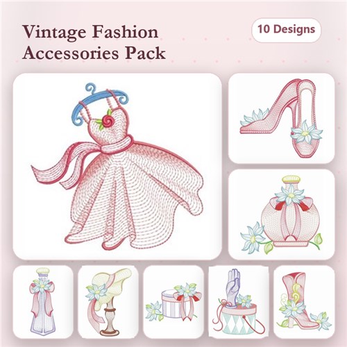 Vintage Fashion Accessories Embroidery Designs Bundle – Vintage Dress, High Heel Shoe, Evening Bag & More (10 Designs)