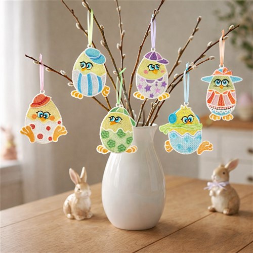 FSL Colorful Decorative Eggs Embroidery Bundle – Chick Egg with Polka Dots, Stripes, Hat & More (6 Designs)