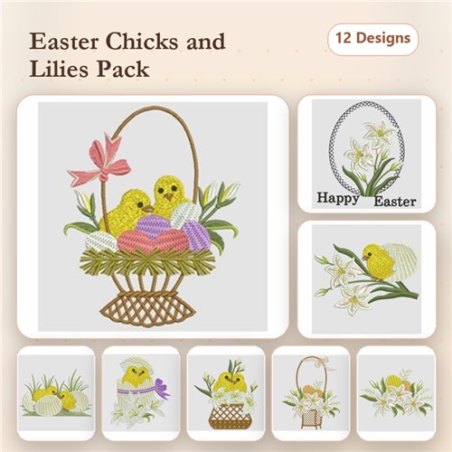 Easter Chicks & Lilies Embroidery Designs Bundle – Chick in Basket, Happy Easter, Lilies in Basket & More (12 Designs)