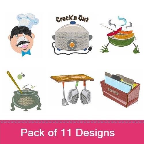 Kitchen Themed Embroidery Designs Bundle – Kitchen Closed, Chef with Mustache, Crock'n Out & More (11 Designs)