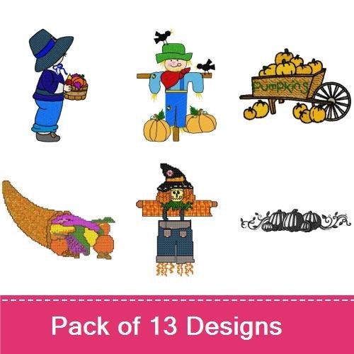 Fall Scarecrow Embroidery Designs Bundle – Scarecrow with Pumpkins, Autumn Scarecrow, Pumpkin Pile & More (13 Designs)