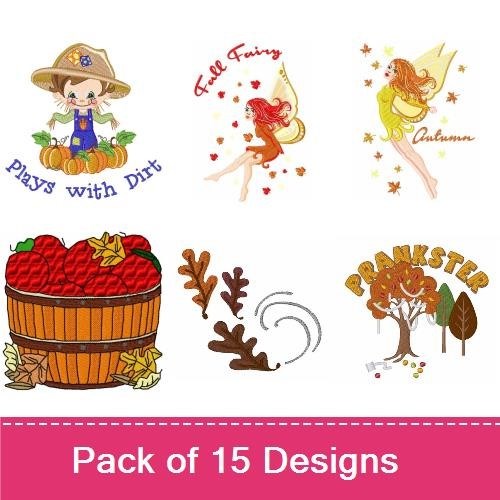 Autumn Harvest Themes Embroidery Designs Bundle – Playful Child with Pumpkins, Fall Fairy, Cute Squirrel & More (15 Designs)
