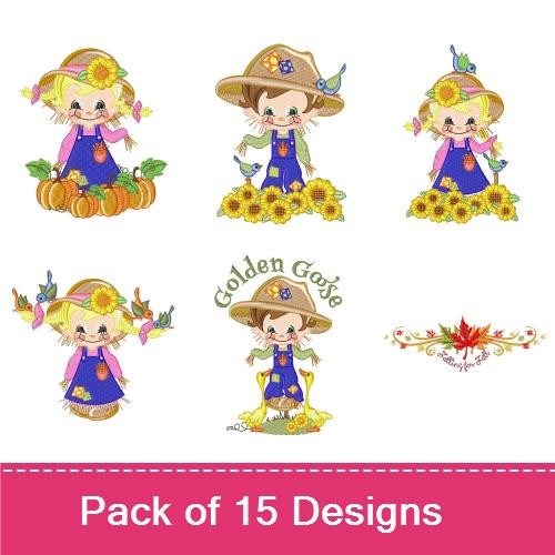 Farm Children Embroidery Bundle – Girl with Sunflowers, Boy with Pumpkins, & Happy Harvest (15 Designs)