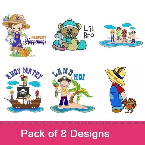 Cute Kids & Pirate Adventures Embroidery Designs Bundle – Ahoy Matey!, Gardening Boy, L'il Bro & More (8 Designs)