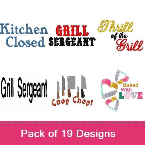 Grill and Kitchen Embroidery Designs Bundle – Grill Master, Backyard B-B-Q, Kiss the Cook & More (19 Designs)