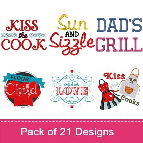 Kitchen-Themed Embroidery Designs Bundle – Kiss the Cook, Dad's Grill, The Secret's in the Soup & More (21 Designs)