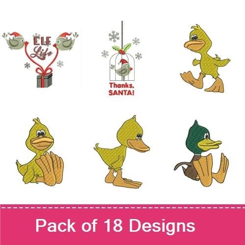 Holiday Birds Embroidery Designs Bundle – Thanksgiving Turkey, Holiday Bird with Gift, Chicken in a Frame & More (18 Designs)