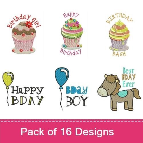 Birthday Celebrations Embroidery Designs Bundle – Birthday Cupcake, Happy Birthday, Balloon & More (16 Designs)