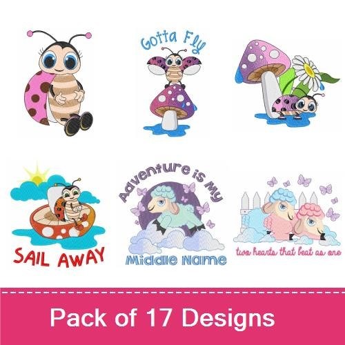 Cute Critters & Dreams Embroidery Designs Bundle – Ladybug, Mushroom Momma, Dream Big & More (17 Designs)