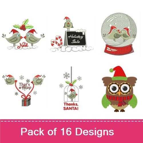Holiday Birds Embroidery Designs Bundle – Santa's Helper, Noel Bird, Bird with Candy Cane & More (16 Designs)