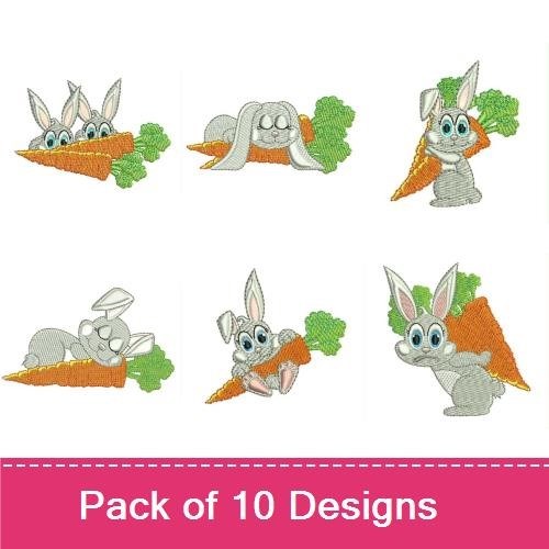 Easter Bunny & Carrots Embroidery Designs Bundle – Bunny with Carrot, Bunny Peeking from Carrot, & More (10 Designs)