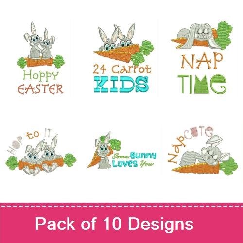 Easter Bunny & Carrot Embroidery Designs Bundle – Hoppy Easter Bunny, Nap Time Bunny, Bunny with Carrot & More (10 Designs)