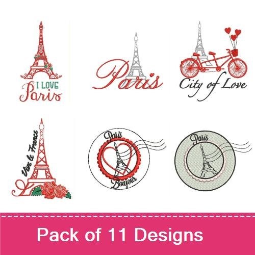 Redwork Paris-themed Love Embroidery Designs Bundle – Eiffel Tower with Heart, Bicycle with Eiffel Tower, Love Locks & More (11 Designs)