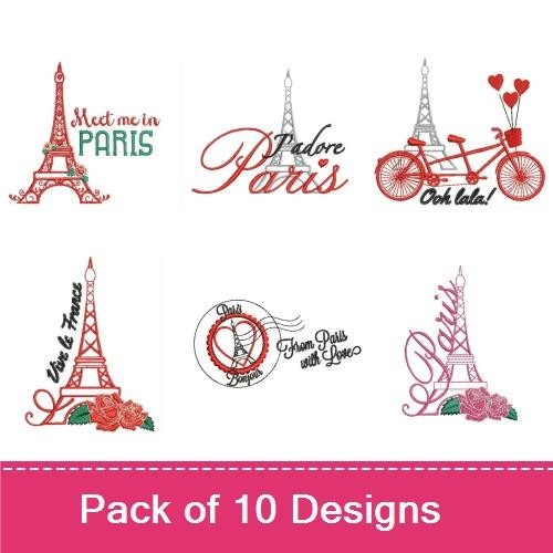 Eiffel Tower & Paris Embroidery Designs Bundle – Bicycle with Eiffel Tower, Ooh lala!, Adore Paris & More (10 Designs)