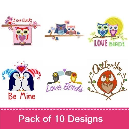 Love Birds & Owls Embroidery Designs Bundle – Owl with Glasses, Be Mine Love Birds, Colorful Love Birds & More (10 Designs)