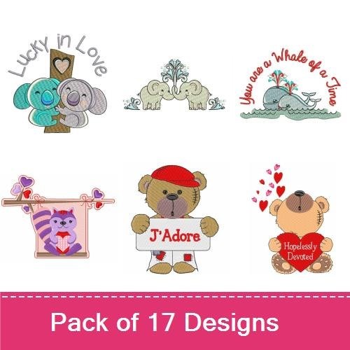Love Animals Embroidery Bundle – Elephants in Love, Bear with Heart, Whale You Are a Whale of a Time & More (17 Designs)