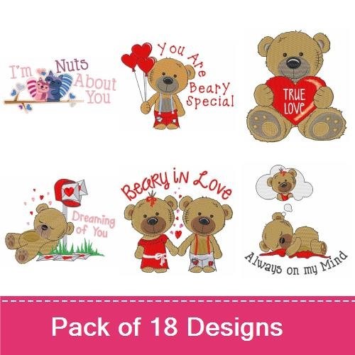 Cute Love-Themed Animals Embroidery Bundle – Kissing Elephants, Love Ewe, Sweet Dream Bear & More (18 Designs)