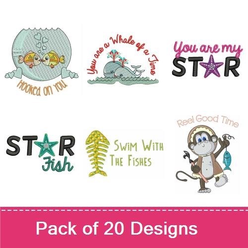 Ocean-themed Embroidery Designs Bundle – Kissing Seahorses, Goldfish, Whale with Message & More (20 Designs)