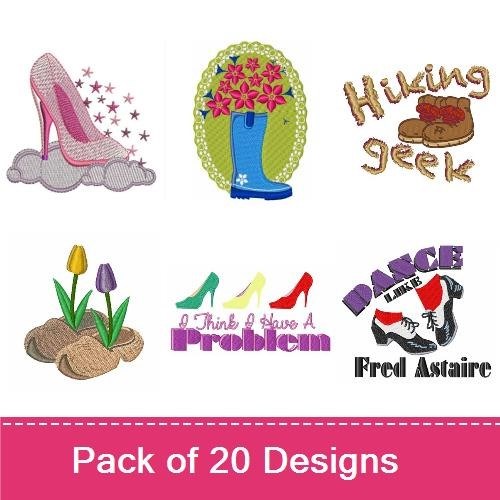 Footwear & Sports Embroidery Bundle – High Heel Shoe, Ice Skate, Baby Shoes & More (20 Designs)