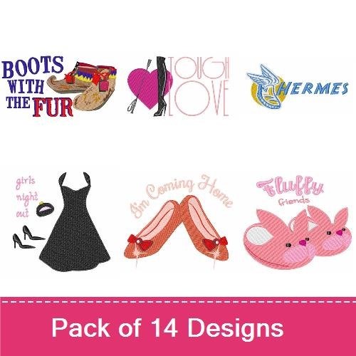 Funny Footwear Quotes Embroidery Designs Bundle – High Heel with Return Text, Hiking Geek Quote, Boots with Fur Quote & More (14 Designs)