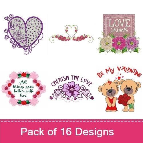 Romantic Love Embroidery Designs Bundle – Floral Heart with Roses, Heart with Cupid, Be My Valentine & More (16 Designs)