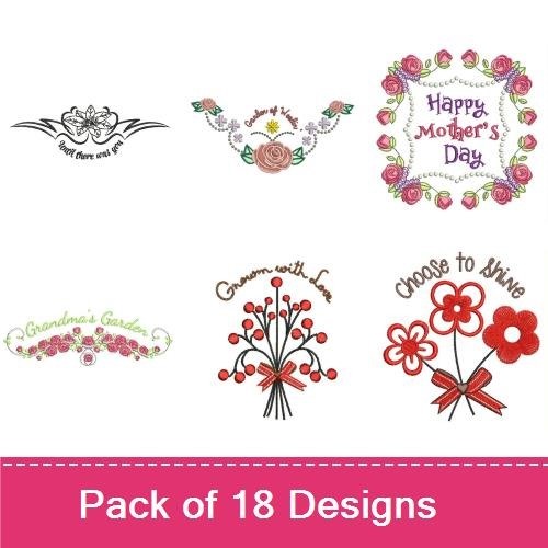 Floral Sentiments Embroidery Designs Bundle – Happy Mother's Day, Floral Wreath, Rose Bouquet & More (18 Designs)