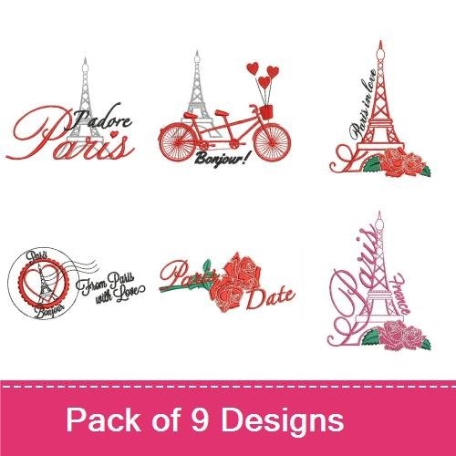 Redwork Paris-themed Embroidery Designs Bundle – Eiffel Tower with Roses, I Love Paris, Bonjour Bicycle & More (9 Designs)