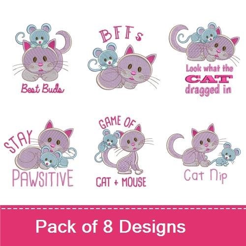 Cat and Mouse Friendship Embroidery Designs Bundle – Best Buds, BFFs, Game of Cat and Mouse & More (8 Designs)