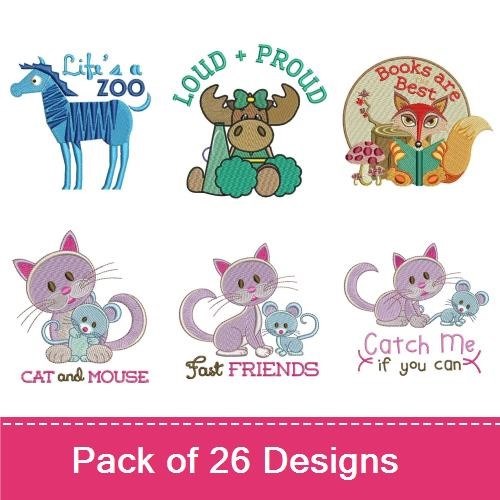 Woodland Animals Embroidery Designs Bundle – Cow in Pocket, Zebra, Loud and Proud Cat & More (26 Designs)