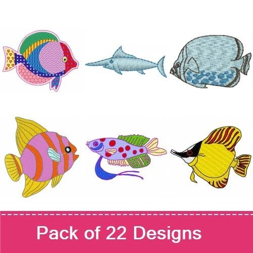 Colorful Fish & Sea Life Embroidery Designs Bundle – Fish Bone, Pink Fish, Colorful Seahorse & More (22 Designs)