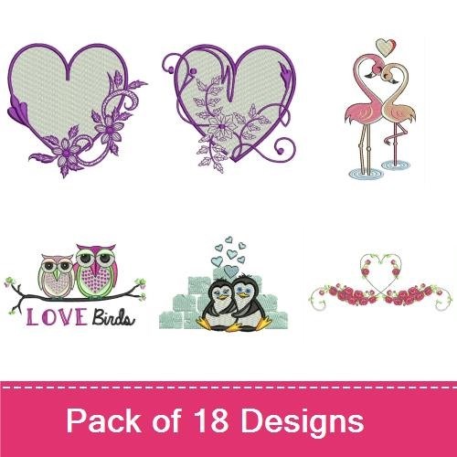 Hearts & Love Birds Embroidery Designs Bundle – Love Bird on Heart, Heart with Roses, Owl Couple & More (18 Designs)
