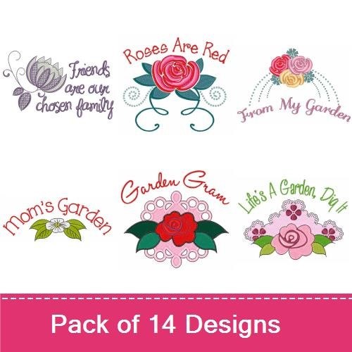 Floral Sentiments Embroidery Designs Bundle – Roses Are Red, From My Garden, Mom's Garden & More (14 Designs)