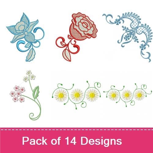 Elegant Floral Embroidery Designs Bundle – Floral Cone with Ribbon, Red Rose Design, Blue Floral Pair & More (14 Designs)